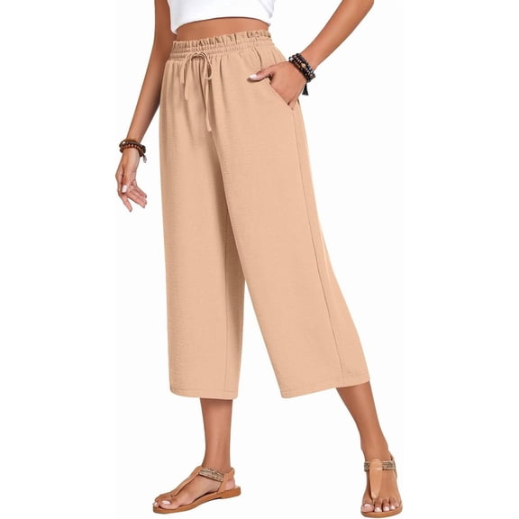 ANYJOIN Womens Capri Pants Loose High Waisted Wide Leg Lounge Pants Drawstring Casual Palazzo Pants Trousers with Pockets