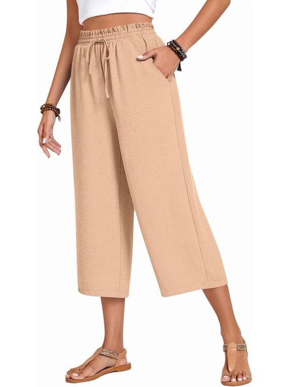 Womens Capri Pants Loose High Waisted Wide Leg Lounge Pants Drawstring Casual Palazzo Pants Trousers with Pockets