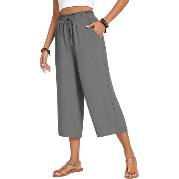 ANYJOIN Womens Capri Pants Loose High Waisted Wide Leg Lounge Pants Drawstring Casual Palazzo Pants Trousers with Pockets