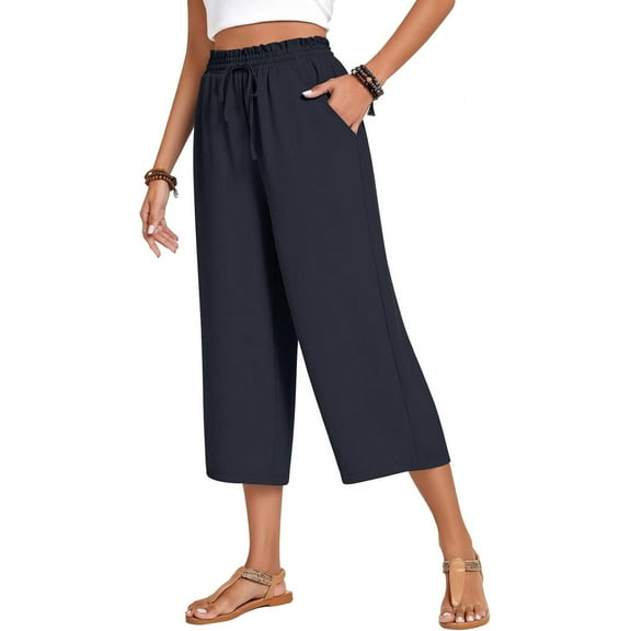 ANYJOIN Womens Capri Pants Loose High Waisted Wide Leg Lounge Pants Drawstring Casual Palazzo Pants Trousers with Pockets