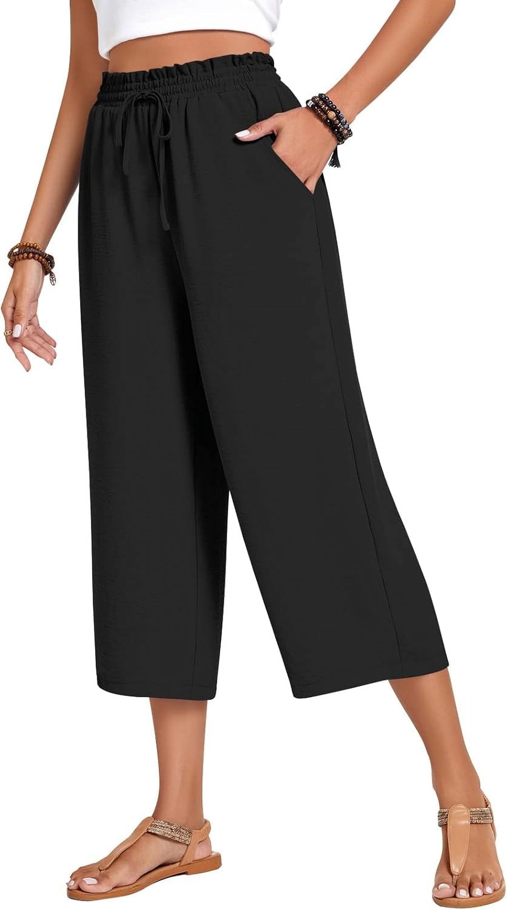 Women's Loose Fit Capri Pants - Elastic Waist Wide Leg Yoga Lounge Palazzo Trousers With Drawstring