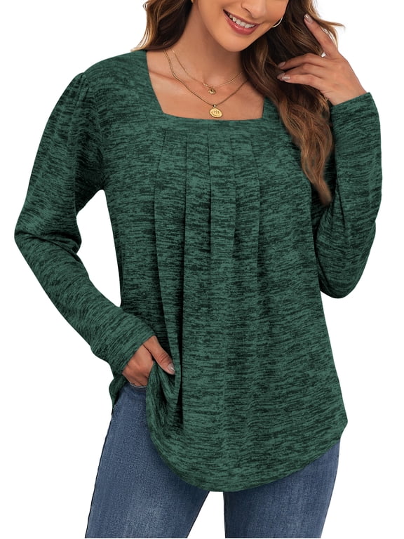 Womens Long Sleeve Tunic Tops Pleated Square Neck Casual Loose Fit Blouse Shirt
