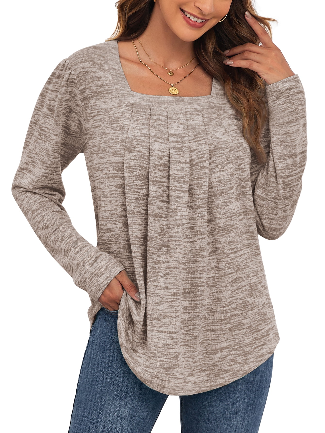 Square Loos ANYJOIN Womens Long Sleeve Tunic Tops Pleated Square Neck Casual Loose ...