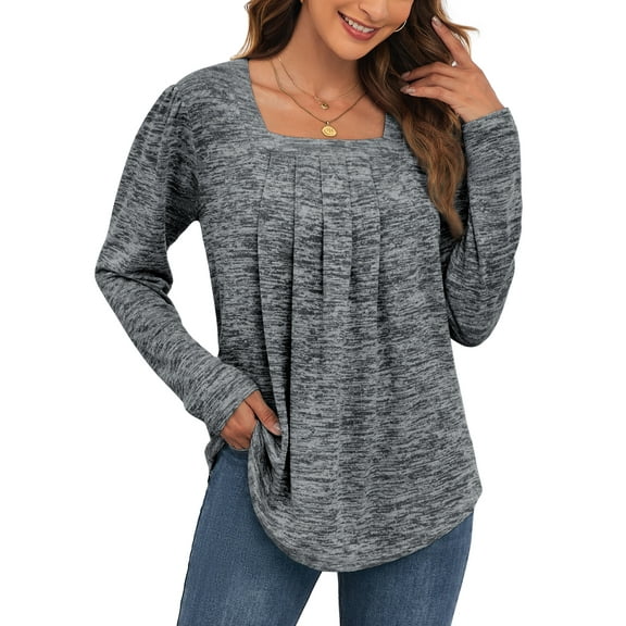 ANYJOIN Womens Long Sleeve Tunic Tops Pleated Square Neck Casual Loose Fit Blouse Shirt