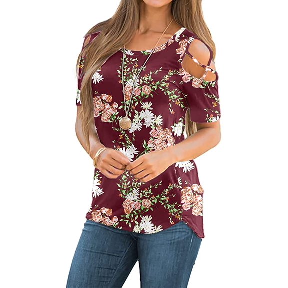 ANYJOIN Womens Summer T Shirts Strappy Short Sleeve Tunic Tops Strappy Cold Shoulder Blouse