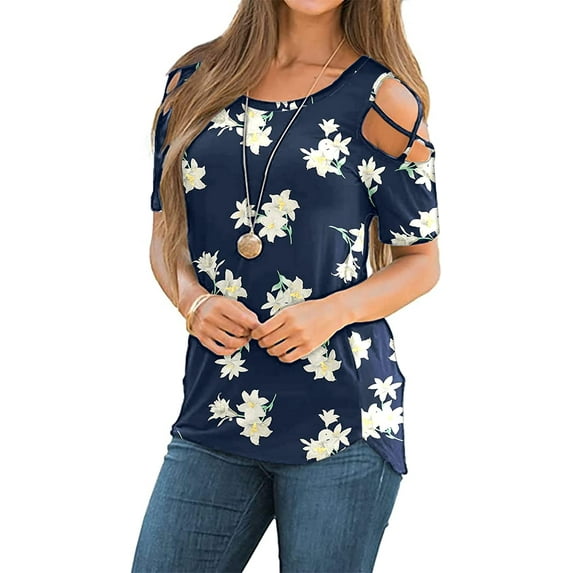 ANYJOIN Womens Summer T Shirts Strappy Short Sleeve Tunic Tops Strappy Cold Shoulder Blouse