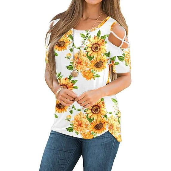 ANYJOIN Womens Summer T Shirts Strappy Short Sleeve Tunic Tops Strappy Cold Shoulder Blouse