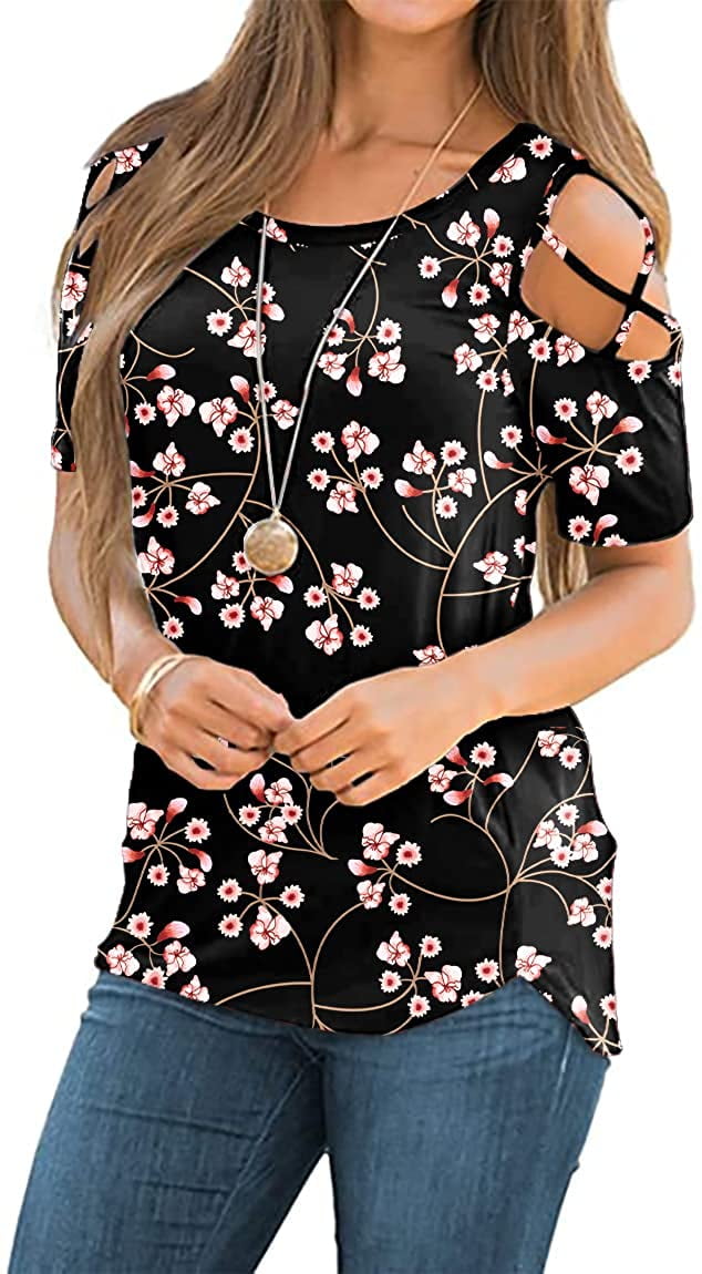 Womens Summer T Shirts Strappy Short Sleeve Tunic Tops Strappy Cold Shoulder Blouse