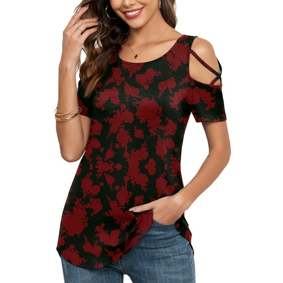 ANYJOIN Womens Summer T Shirts Strappy Short Sleeve Tunic Tops Strappy Cold Shoulder Blouse