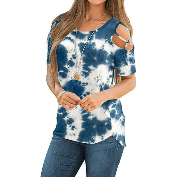 ANYJOIN Womens Summer T Shirts Strappy Short Sleeve Tunic Tops Strappy Cold Shoulder Blouse