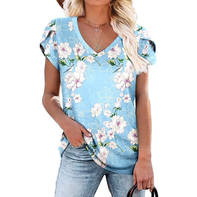 ANYJOIN Womens Summer Tunics Tops Short Sleeve Casual T-Shirts V Neck ...