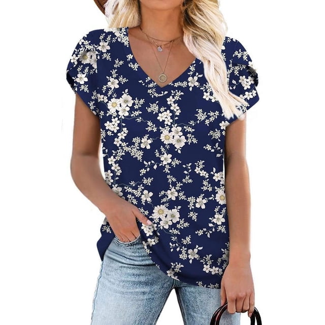 ANYJOIN Womens Summer Tunics Tops Short Sleeve Casual T-Shirts V Neck ...
