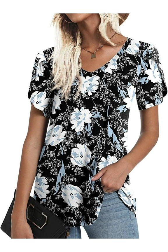 Womens Summer Tunics Tops Short Sleeve Casual T-Shirts V Neck Lightweight Cute Blouse