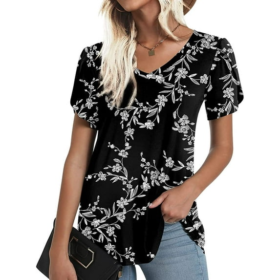 ANYJOIN Womens Summer Tunics Tops Short Sleeve Casual T-Shirts V Neck Lightweight Cute Blouse