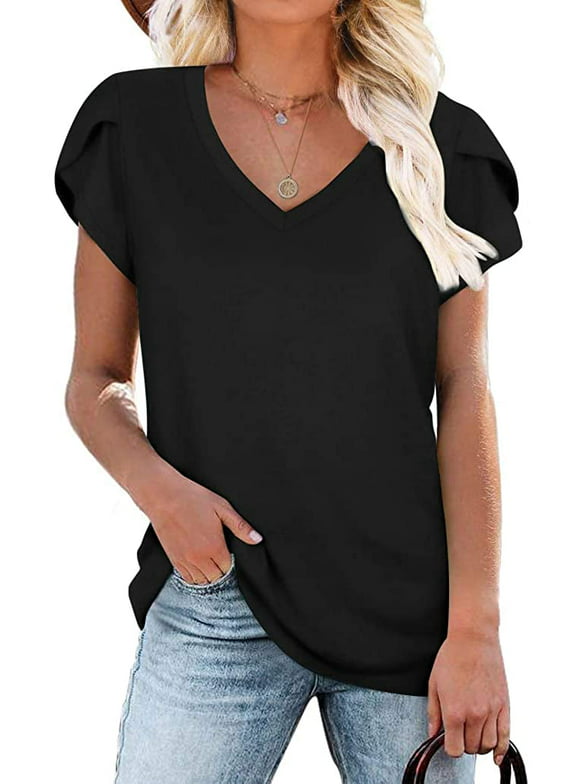 ANYJOIN Womens Summer Tunics Tops Short Sleeve Casual T-Shirts V Neck Lightweight Cute Blouse