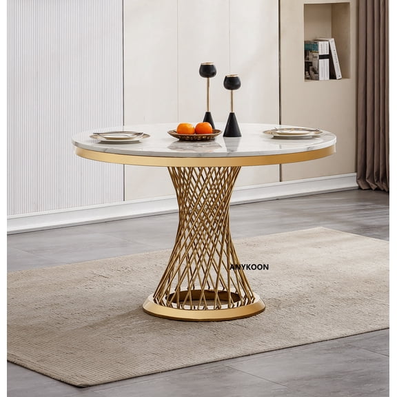 ANYKOON 47" Round Faux Marble Dining Table, High Gloss Top Stainless Steel Base, Gold & White for Dining Room Kitchen (Only Table)