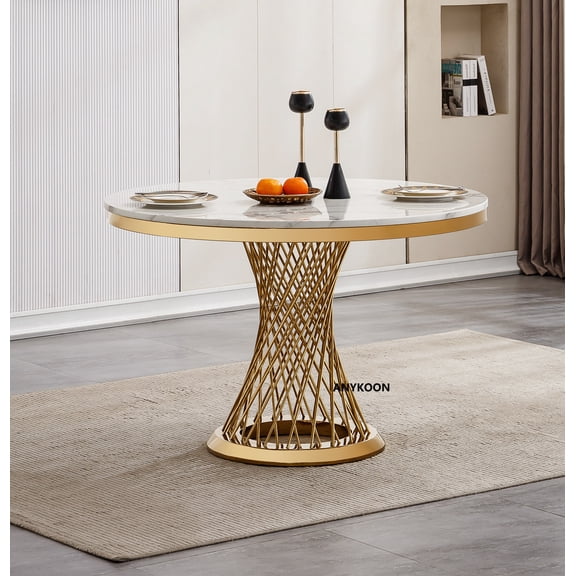 ANYKOON 47-inch Round Dining Table, Modern High-Gloss Faux Marble Tabletop with Stainless Steel Base for Kitchen & Dining Room (Gold/White)