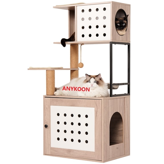 ANYKOON Cat Tree with Litter Box Enclosure, Hammock, Bed and Scratching Post,All-in-one Cat Tower for Indoor Cats,Modern Style Pet Furniture, White +Gray
