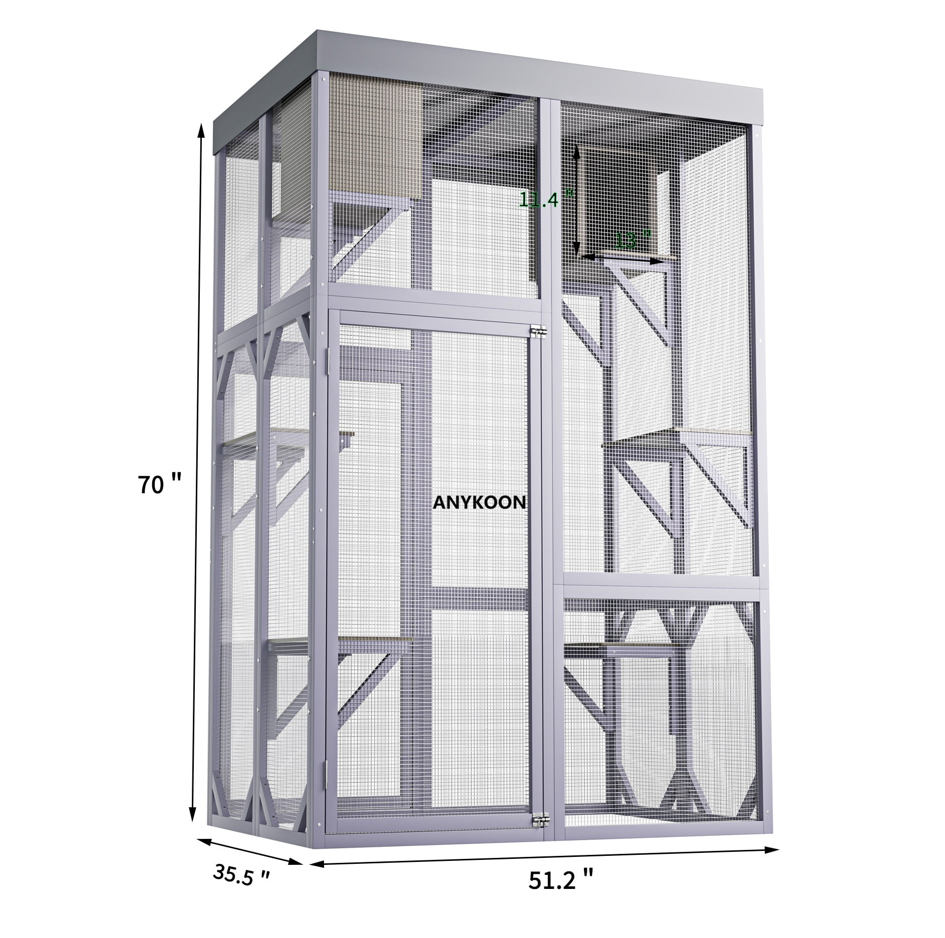 ANYKOON Large Outdoor Cat Enclosure Wooden Catio with 2 Houses & 4 Platforms, Safe Lockable Indoor/Outdoor Cat Cage for Play & Rest