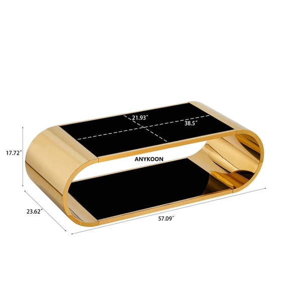 ANYKOON 57" Modern 2-Tier Coffee Table, Gold Stainless Steel & Tempered Glass, Black & Gold Oval Design for Living Room