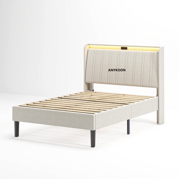 ANYKOON Twin Bed Frame with Upholstered Headboard & Charging Ports, Heavy Duty Metal Frame, 800 lbs Support, Easy Setup