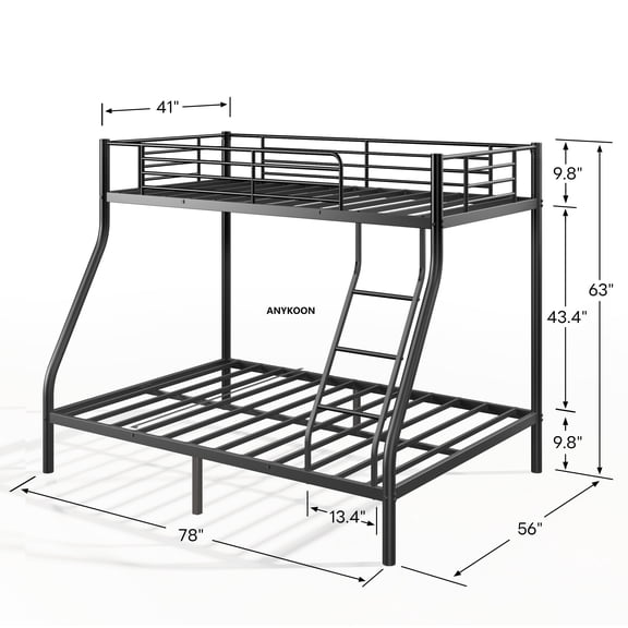 ANYKOON Twin Over Full Metal Bunk Bed for Adults, Heavy Duty Steel Frame, No Box Spring Needed, Space-Saving Black,for Guest Room