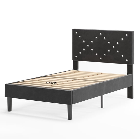 ANYKOON Twin Size Modern Upholstered Platform Bed Frame with Wooden Slats Support, No Box Spring Required, Easy Assembly, Black