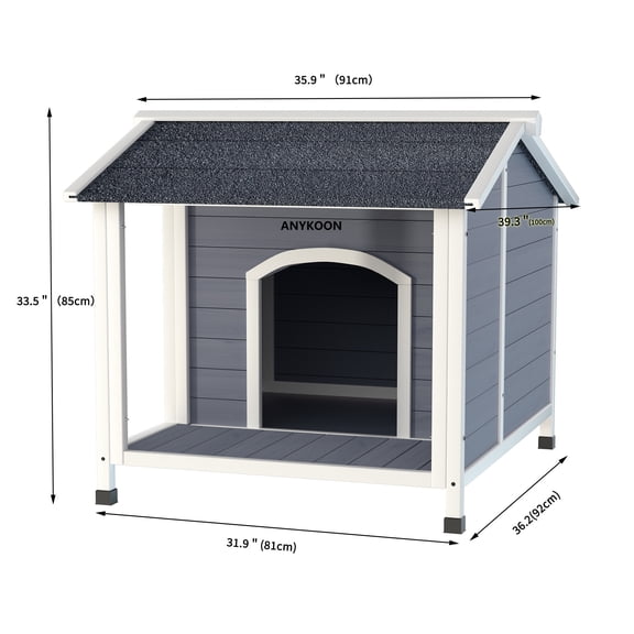 ANYKOON Wooden Dog House for Small Medium Dogs, Outdoor Weatherproof Pet Shelter with Asphalt Roof & Raised Floor, Easy Assembly