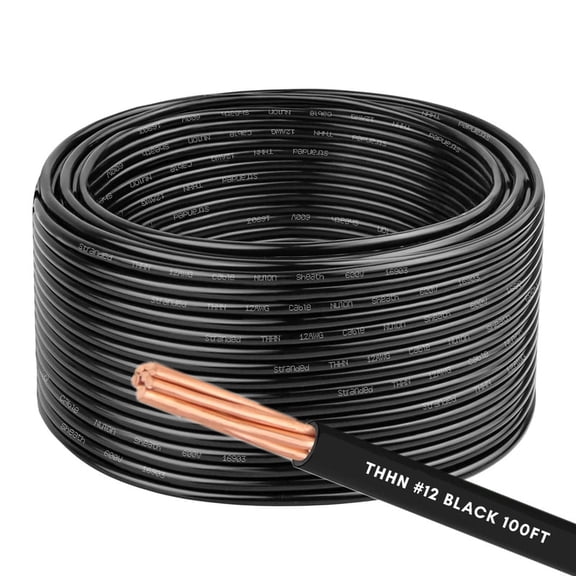 12 AWG THHN Stranded Copper Electrical Building Wire with Nylon Jacket PVC Insulation - 100Ft Black