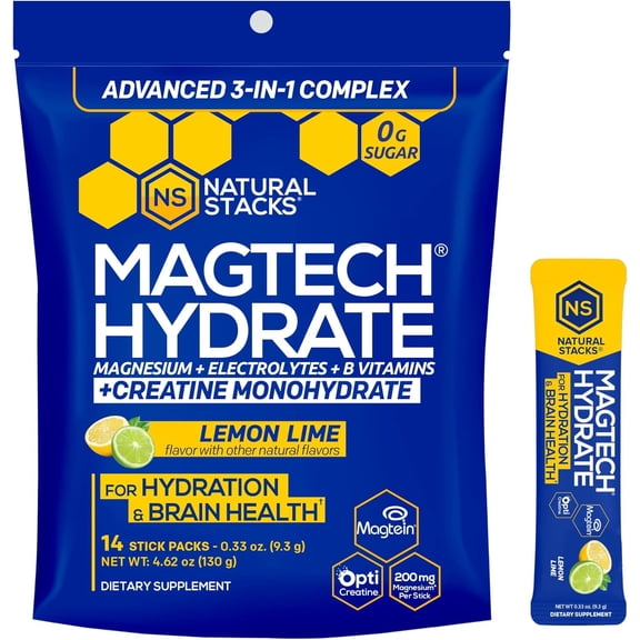 NATURAL STACKS Magtech Magnesium Hydrate + Creatine - Sugar Free Electrolyte Drink - Magtein Magnesium L-Threonate, Glycinate & Taurate - Supports Hydration & Cellular Energy - 14 Hydration Packets