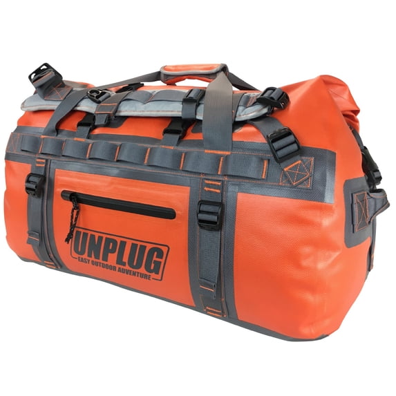 UNPLUG Waterproof Dry Duffel Bag 65L, Heavy Duty 1680D Large Travel Bag for Camping, Boating, Motorcycling and Hunting, Adventure Orange