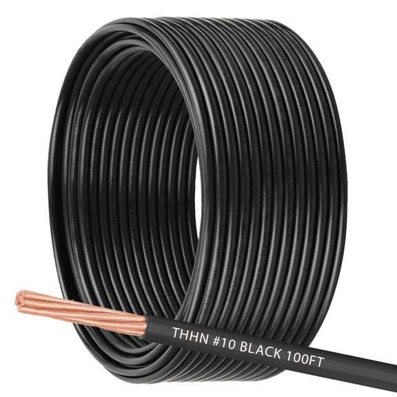 10 AWG THHN THWN2 Stranded Copper Electrical Building Wire with Nylon Jacket PVC Insulation - 100Ft Black