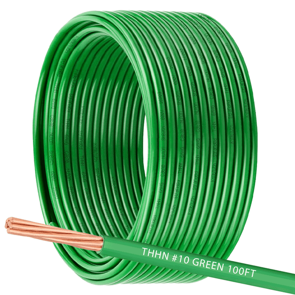 10 AWG THHN THWN2 Stranded Copper Electrical Building Wire with Nylon Jacket PVC Insulation - 100Ft Green