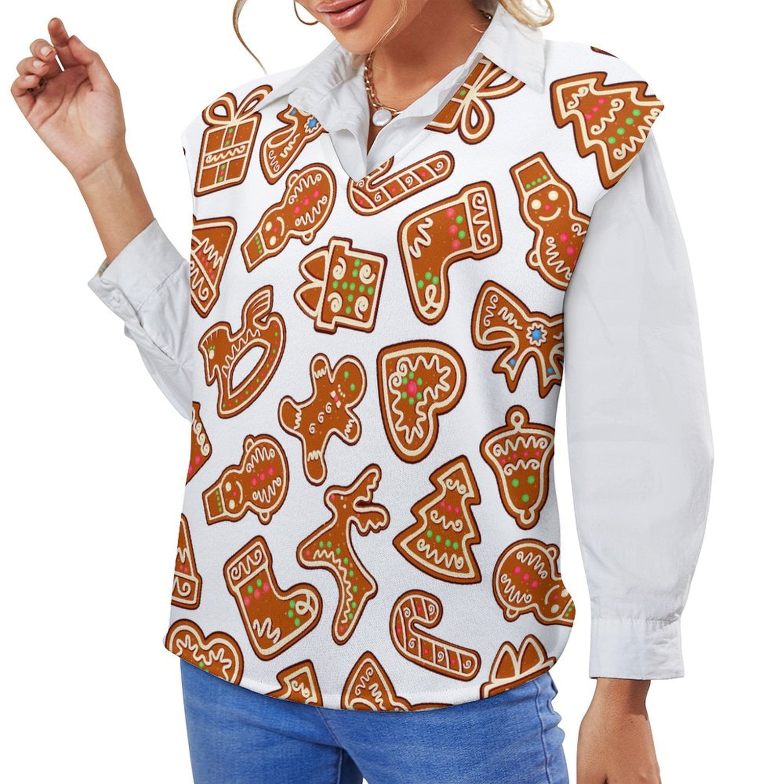 ANYWAY.GO Casual Vneck sweater women's vest Christmas Cookies New