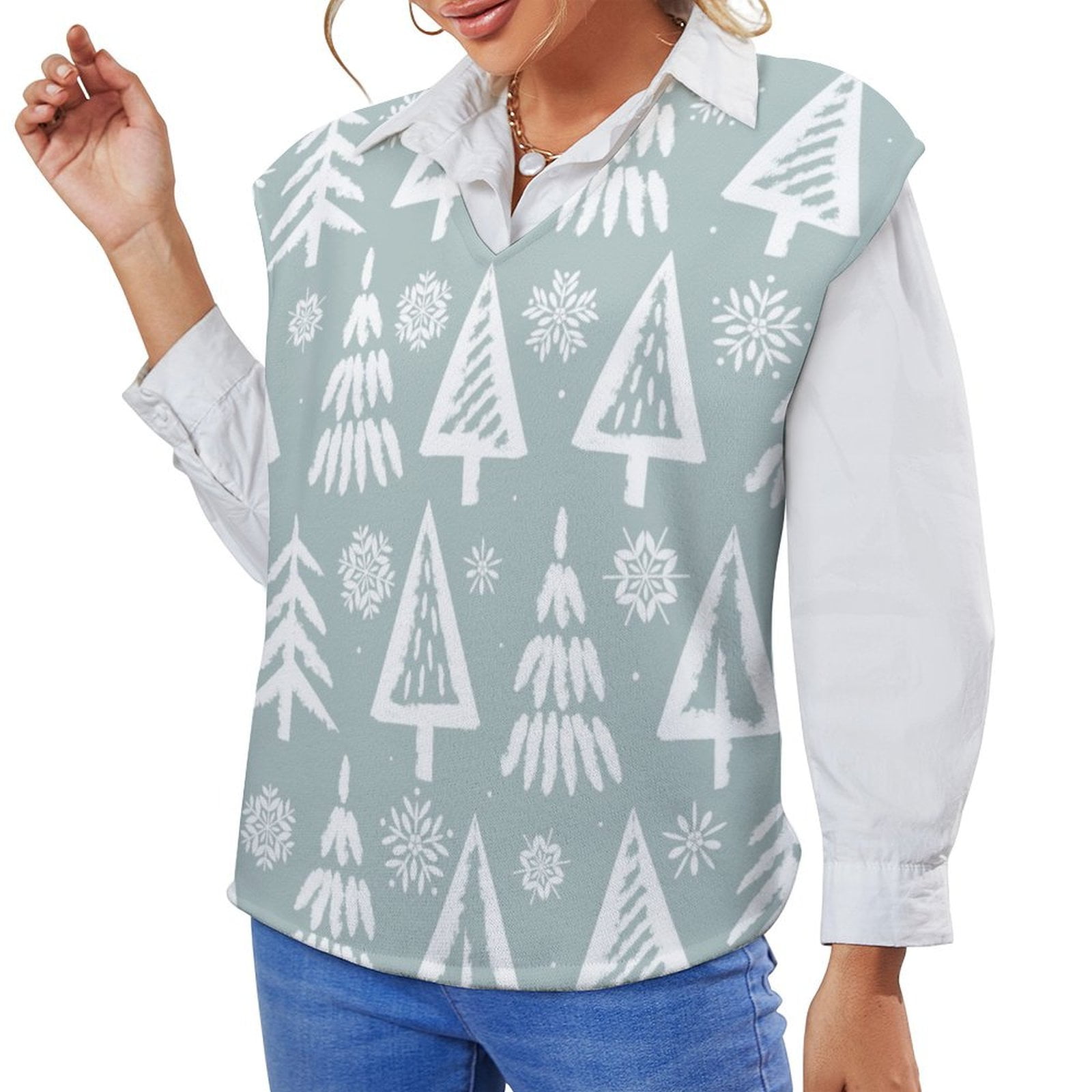 ANYWAY.GO Casual Vneck sweater women's vest Christmas Trees Snowflakes