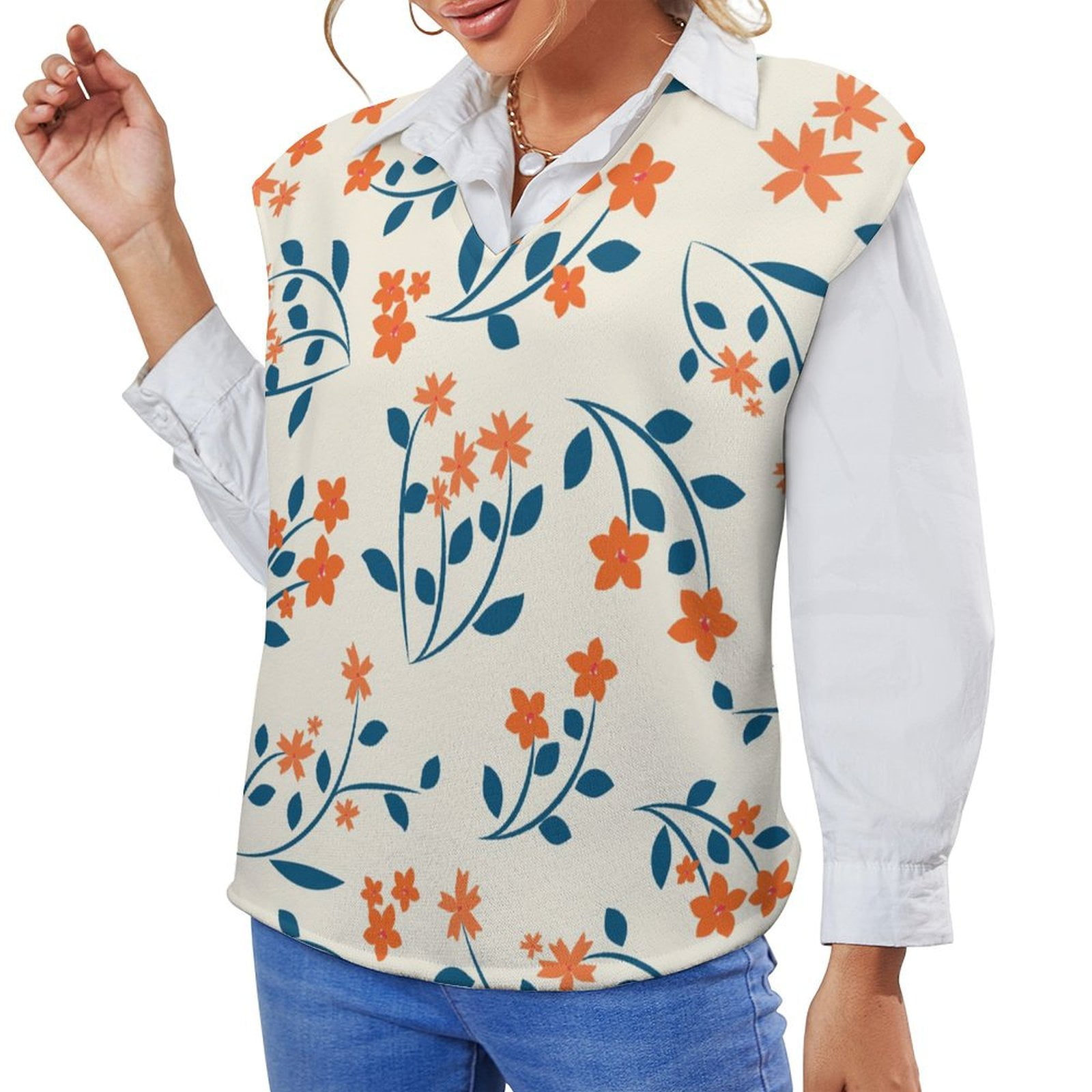 ANYWAY.GO Casual Vneck sweater women's vest Pattern Cute Floral Small