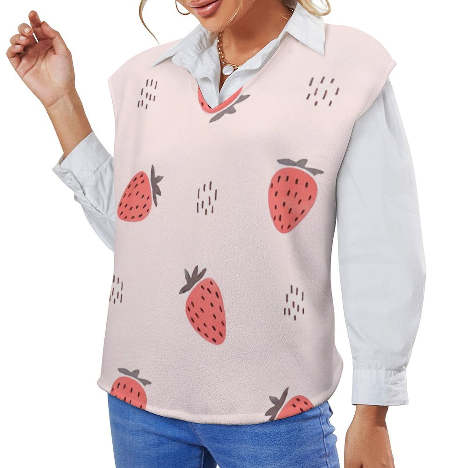 ANYWAY.GO Casual Vneck sweater women's vest Strawberry Pattern Summer