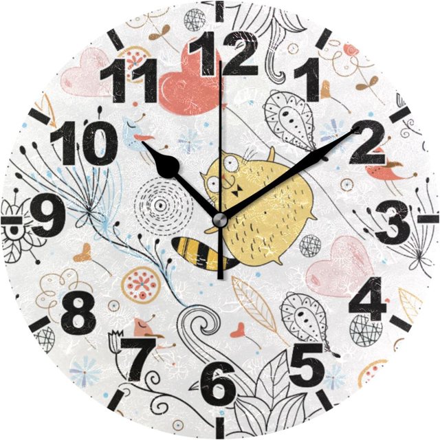 ANYWAY.GO Cat Bird Flower Illustration Cartoon Round Wall Clock