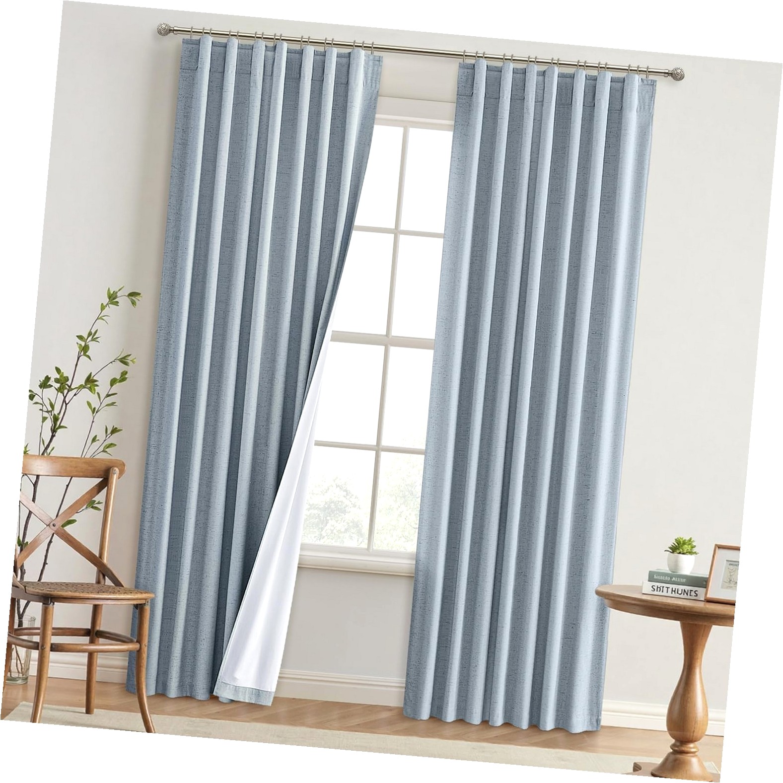 ANYWAY.GO Chambray Blue Linen Curtains 108 inch Long 2 Panels Set for ...