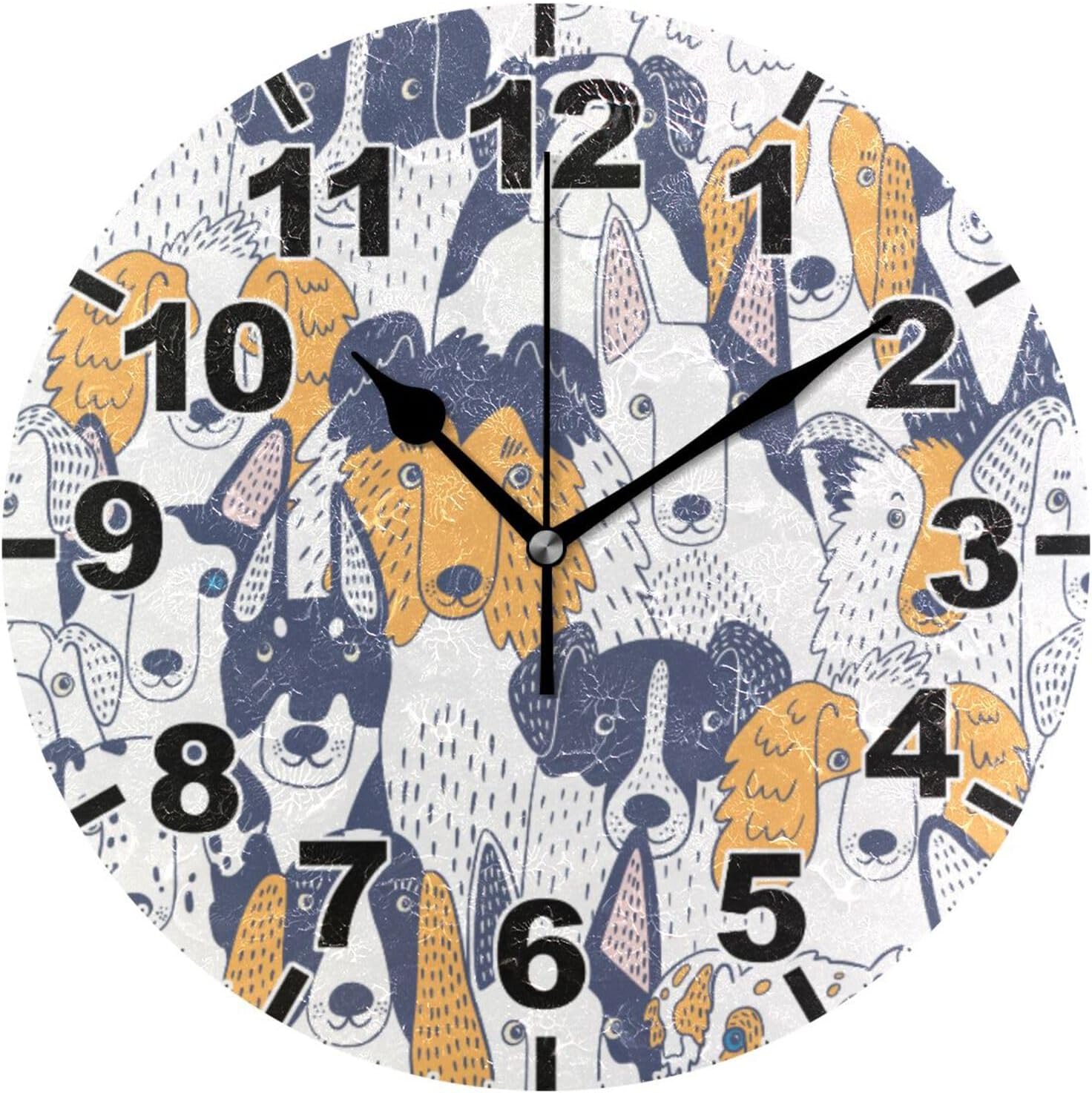 ANYWAY.GO Cute Dogs Round Wall Clock, Battery Operated Silent Non