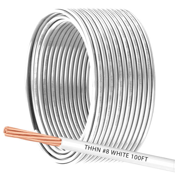 8 AWG THHN Stranded Copper Electrical Building Wire with Nylon Jacket PVC Insulation - 100Ft White