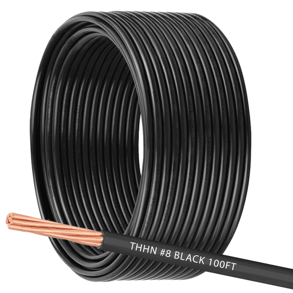 8 AWG THHN Stranded Copper Electrical Building Wire with Nylon Jacket PVC Insulation - 100Ft Black