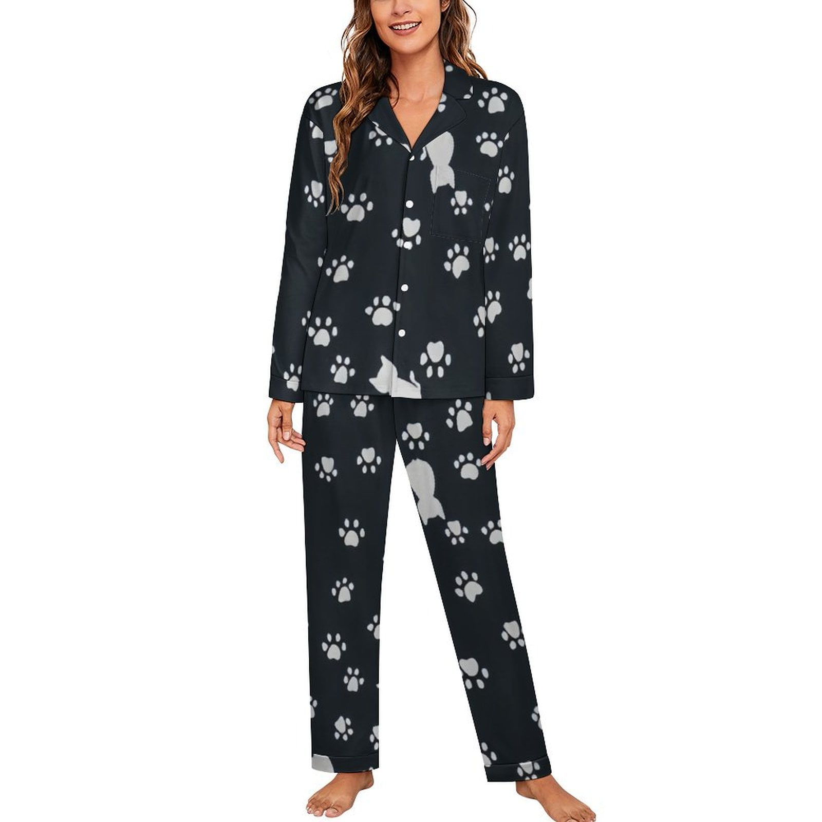 ANYWAY.GO Long Sleeve Pajama Set for Women Cats Paw Print Pattern Long