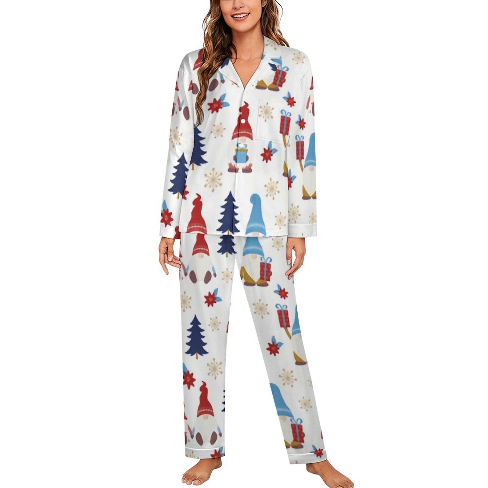 ANYWAY.GO Long Sleeve Pajama Set for Women Christmas Paper Pattern Cute Long Sleeve Button Down