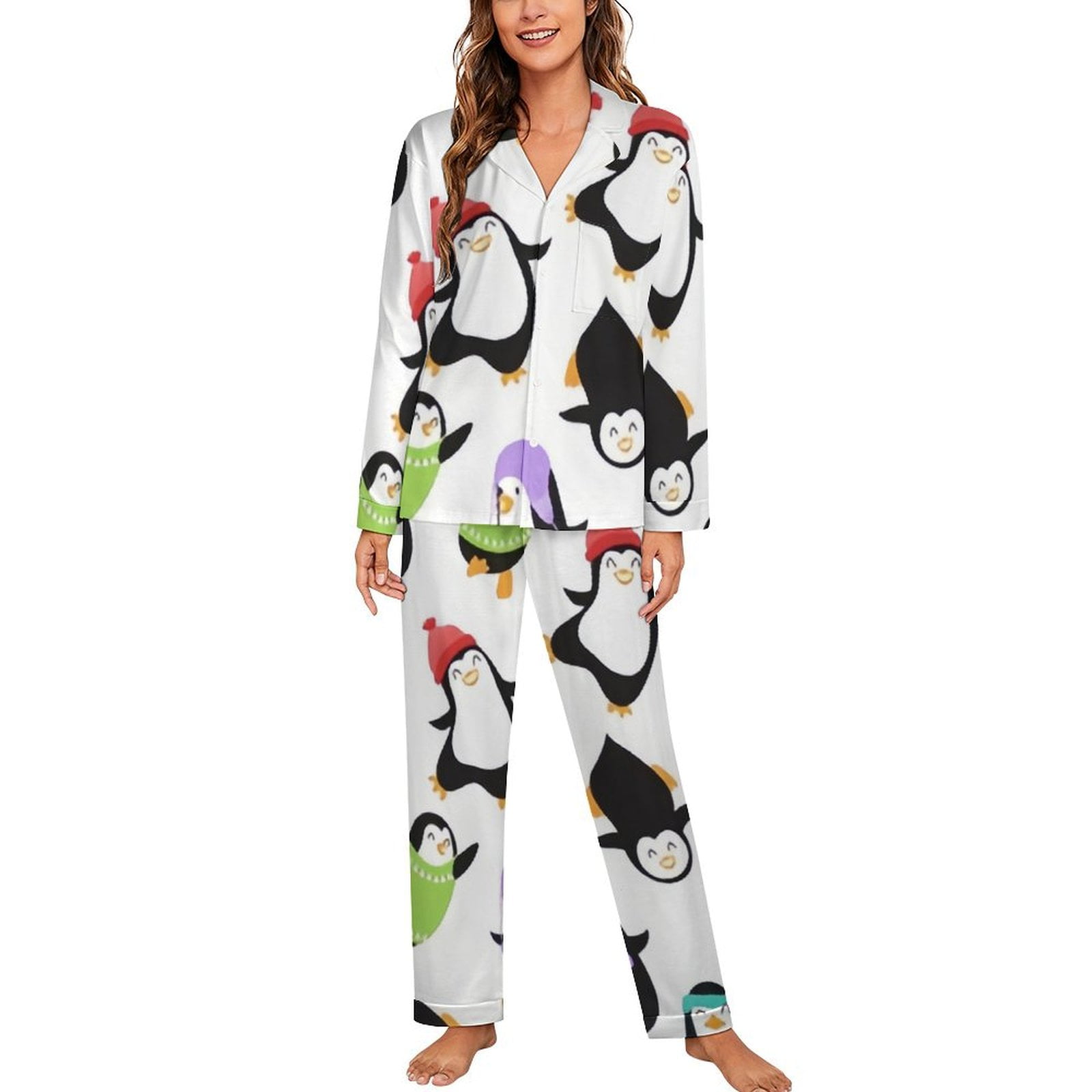 ANYWAY.GO Long Sleeve Pajama Set for Women Cute Christmas Baby Penguins