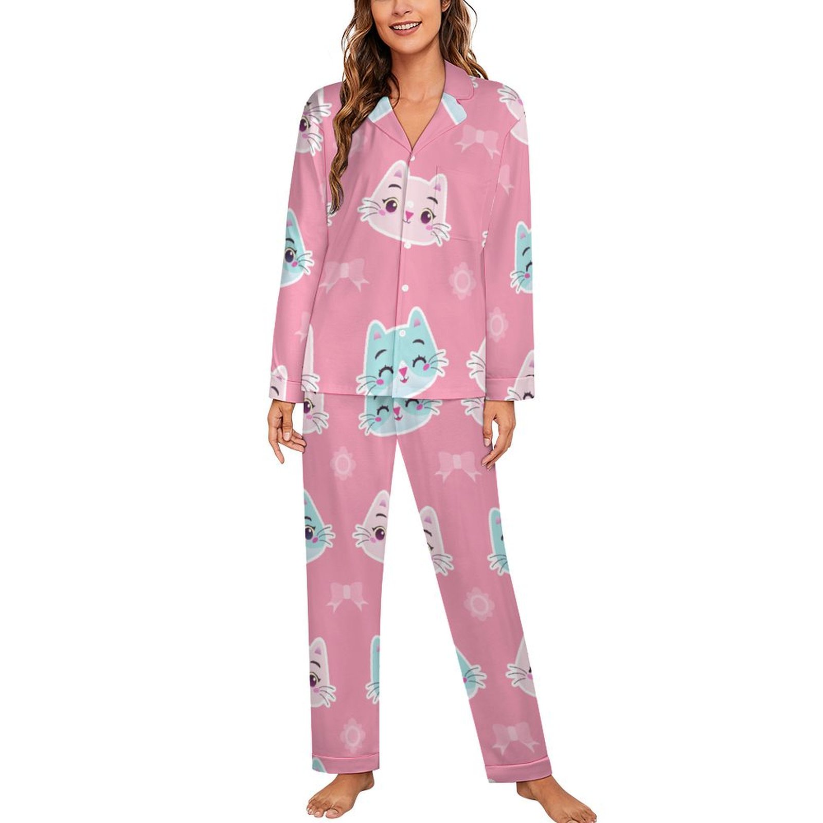 ANYWAY.GO Long Sleeve Pajama Set for Women Cute Colorful Cat Kitten