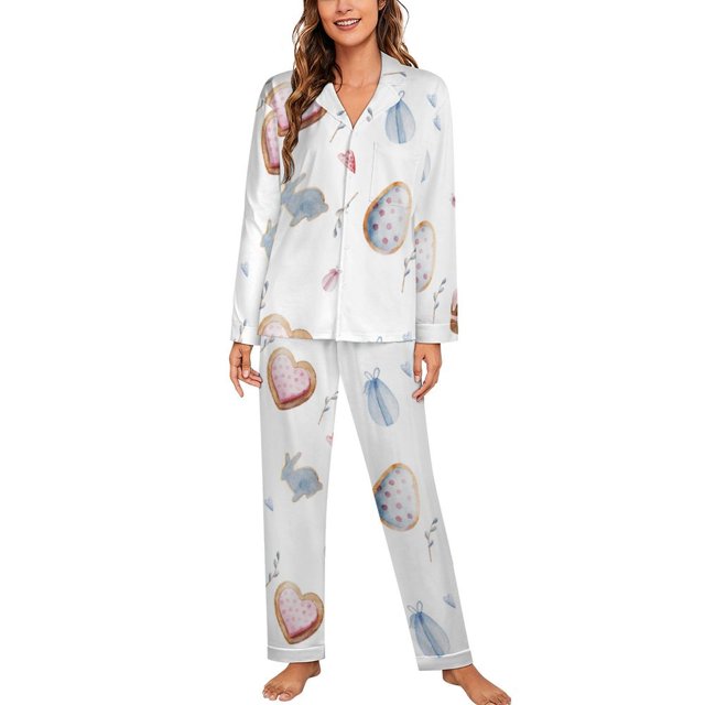 ANYWAY.GO Long Sleeve Pajama Set for Women Cute Easter Pattern Bunny