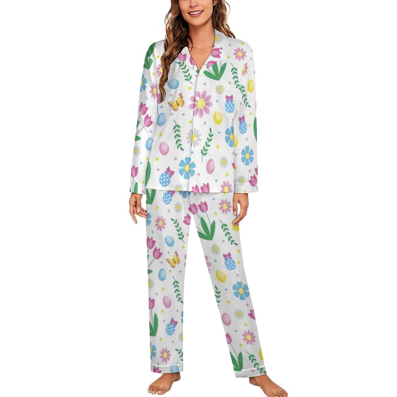 ANYWAY.GO Long Sleeve Pajama Set for Women Easter Pattern Flowers