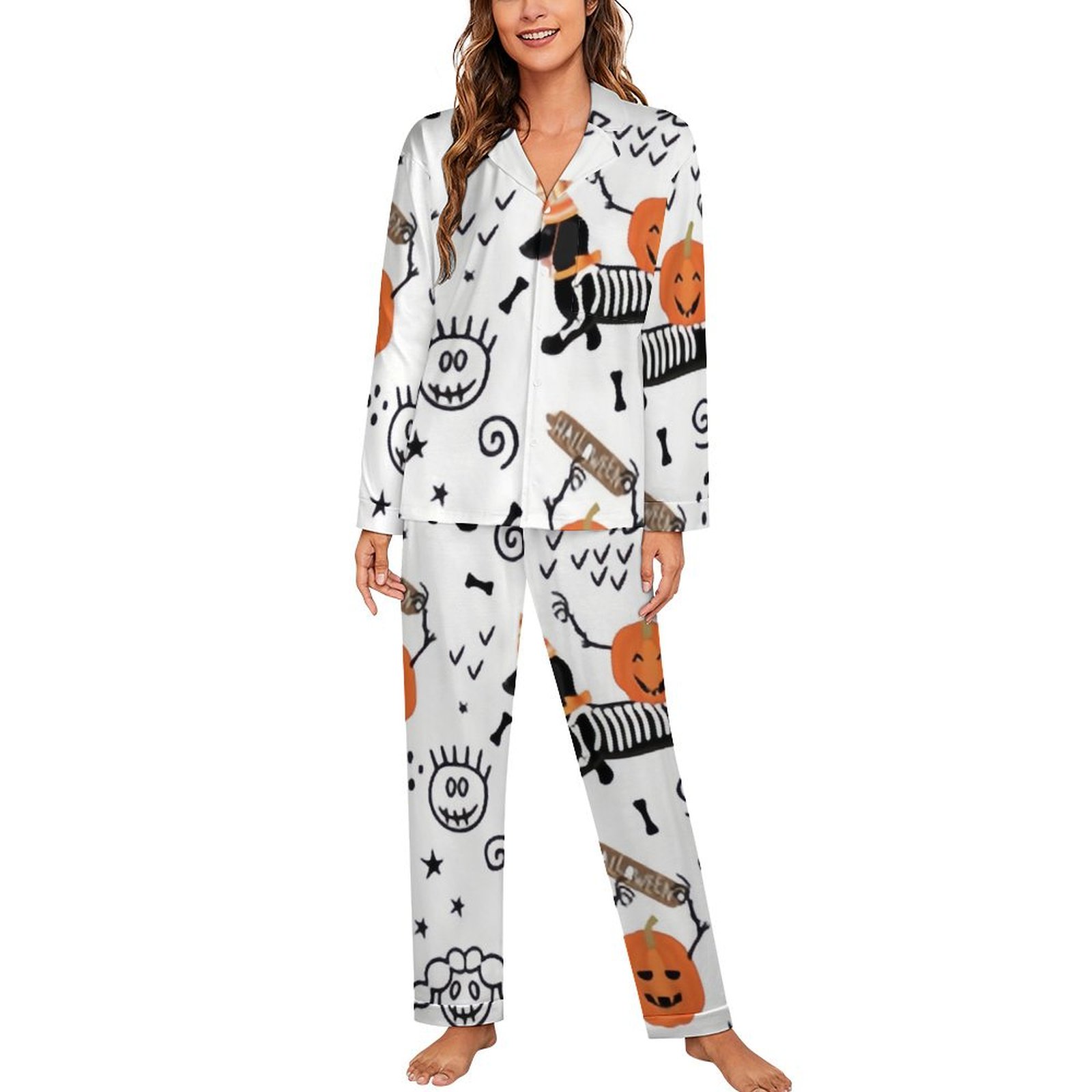ANYWAY.GO Long Sleeve Pajama Set for Women Halloween Pattern Dog Long Sleeve Button Down