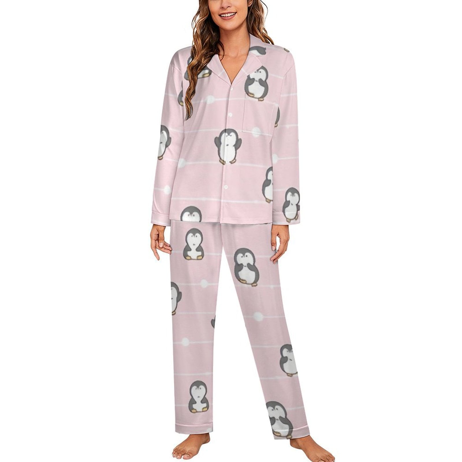 ANYWAY.GO Long Sleeve Pajama Set for Women Pattern Cute Cartoon Penguin ...